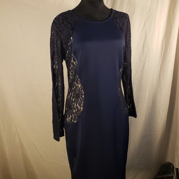 ENFOCUS Studio Knit Navy Blue with Lace Sleeves & Overlay Dress - 10 - Picture 1 of 4